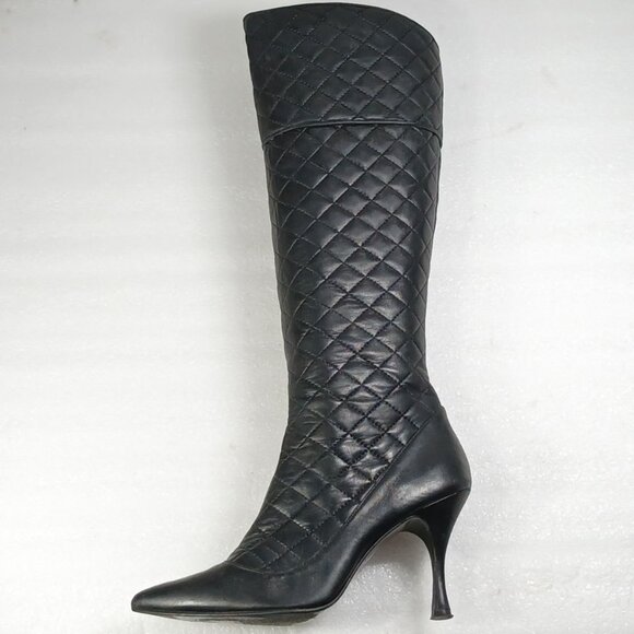 Delman Black Quilted Leather Knee-High StiletDeto Boots Women's 9 18" Shaft VGUC - Picture 9 of 16